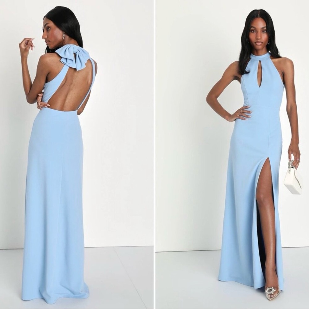 Lulus Light Blue Bow Backless Halter Maxi Dress | Size XL